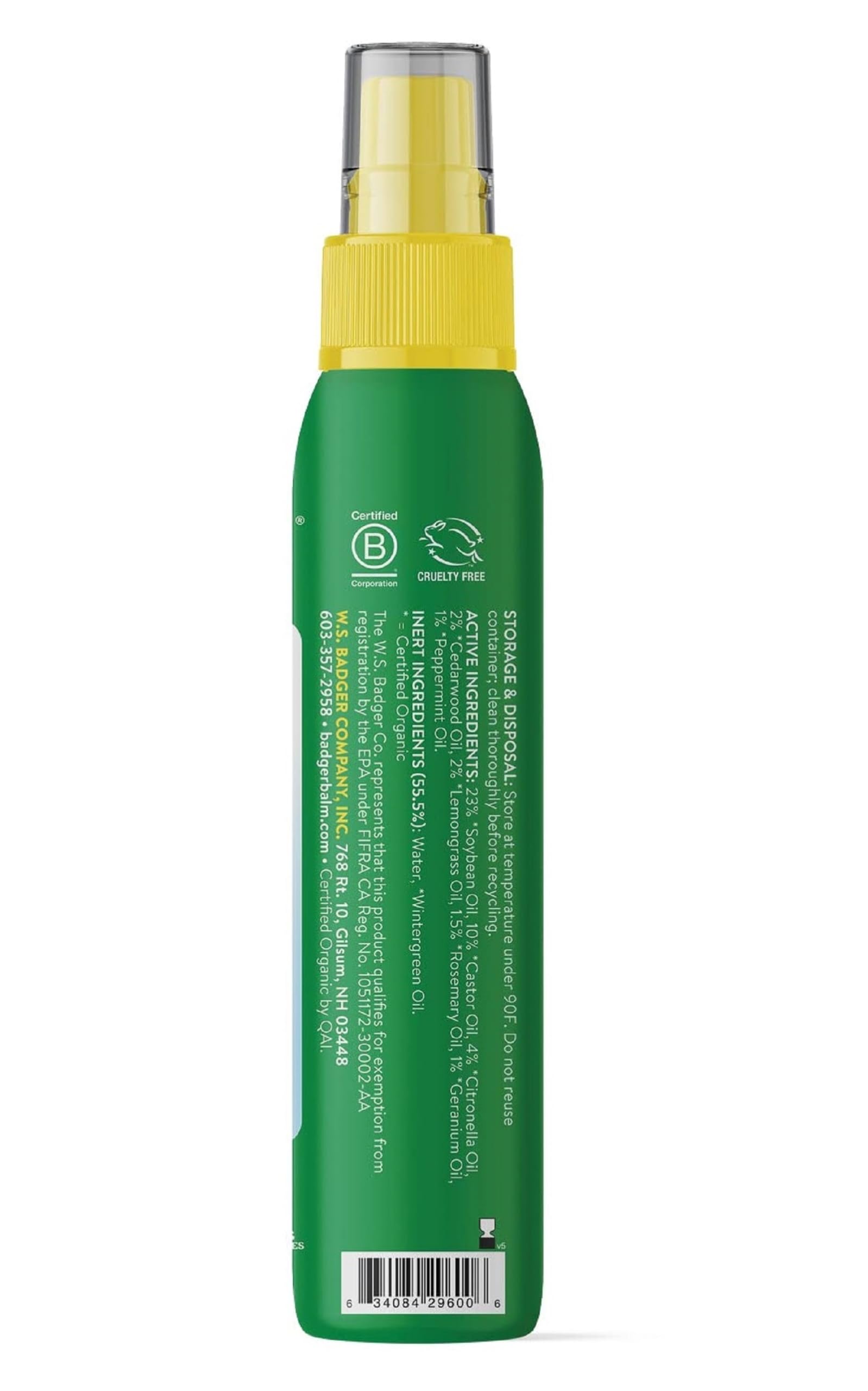 Badger Bug Spray, Organic Deet Free Mosquito Repellent with Citronella & Lemongrass,Natural Bug Spray for People,Family Friendly Bug Repellent,4 fl oz